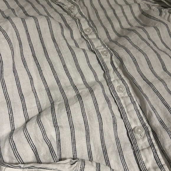 QUINCE XS European Linen Button Up Shirt Top Oatmeal Black Stripe Collar - Picture 7 of 9